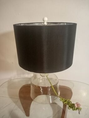 Glass Table Lamp with Black Drum Shade